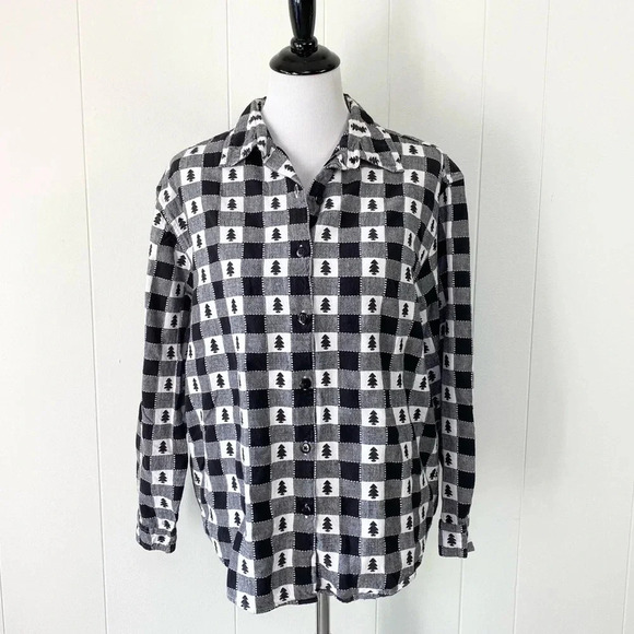 VTG Westbound Black White Gingham Plaid Button Front Shirt Christmas tree Size L - Picture 1 of 12